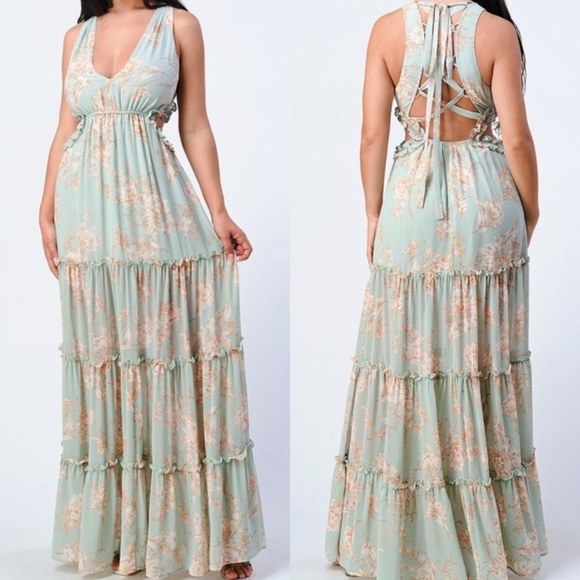 Dresses & Skirts - Sage Floral Cut out sides Lace up Vintage look Tan Green Maxi dress size Small